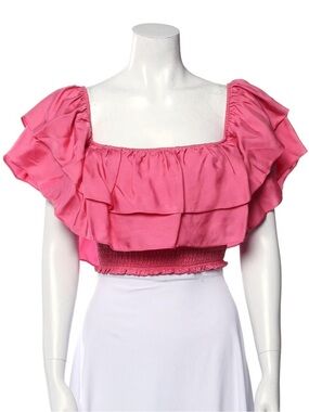 cinq a sept Pink Smocked Off-Shoulder Crop Top